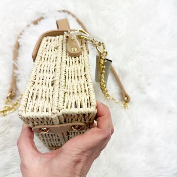 Like Dreams Skylar Taupe Vegan Leather Straw Crossbody Hand Bag - Picture 8 of 13